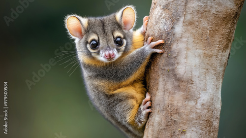 A close-up of a pygmy possum clinging to the side of a tree trunk. The possum has large eyes, big ears, and soft fur, with a blurred natural background.