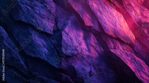 Abstract textured rock wall with vibrant purple and pink lighting