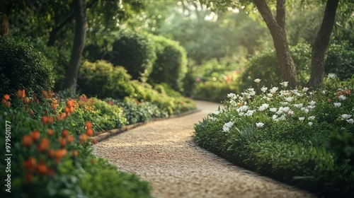 A winding path showcases colorful flowers inviting a peaceful stroll within a lush garden