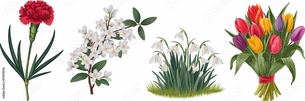 Obraz premium A red carnation with green leaves, a blossoming jasmine branch, a cluster of snowdrops in the grass, a colorful tulip bouquet, vector illustration