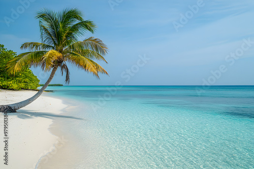 Serene beach scene with crystal-clear water and a lone palm tree in the foreground