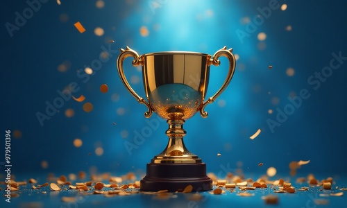 Golden trophy cup, vibrant blue background, confetti rain