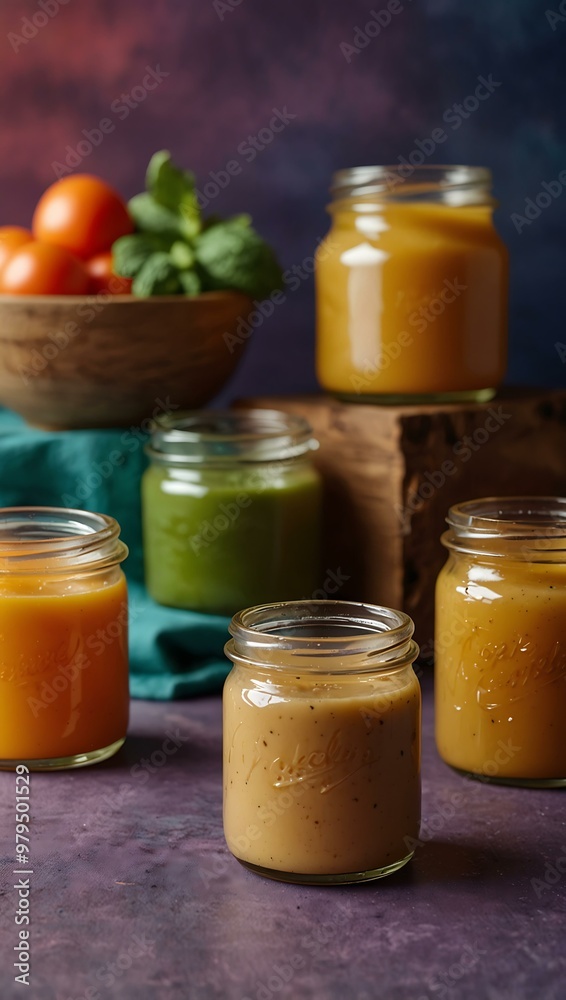 Baby puree jars with fresh ingredients on colorful backdrop Baby puree jars with fresh ingredients on colorful backdrop
