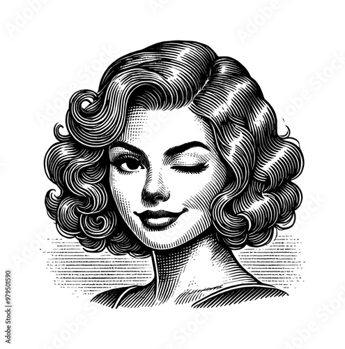 woman retro wink engraving black and white outline