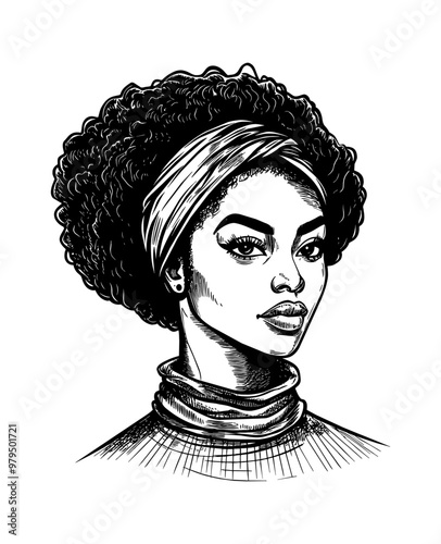 beautiful african woman portrait engraving black and white outline