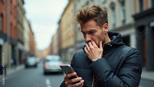 Young man with hand over mouth in shock at phone