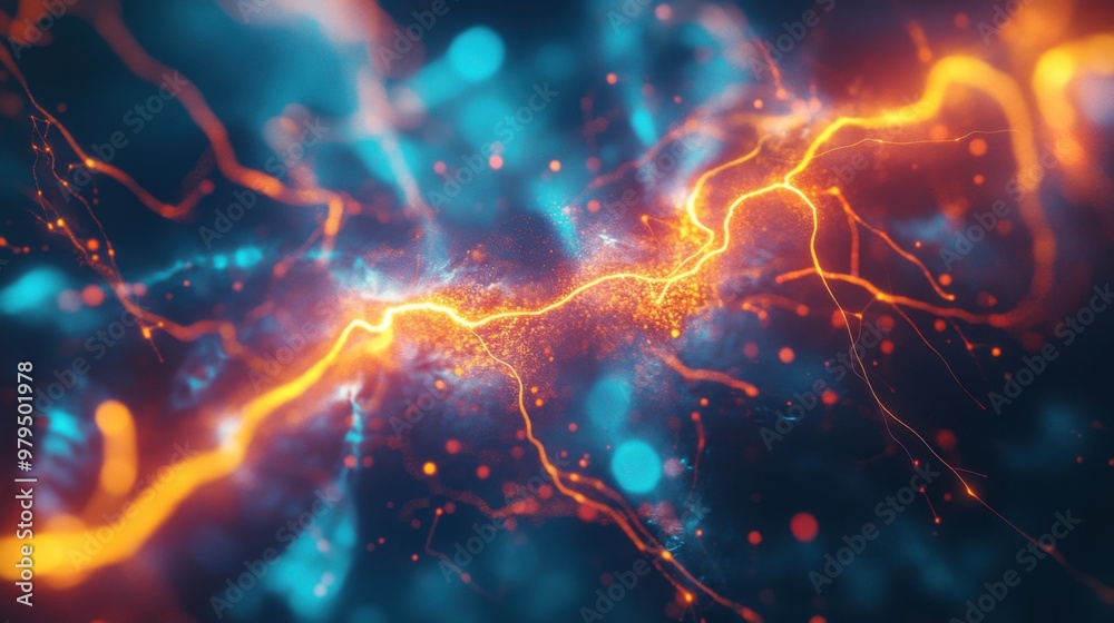 Abstract visualization of neural network connections with glowing orange and blue nodes Abstract visualization of neural network connections with glowing orange and blue nodes