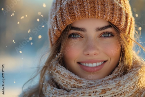 Winter Wonderland - Joyful Woman in Knitwear Surrounded by Snowflakes at Sunset Shot with Nikon Z7 II, 50mm f/1.4 Lens photo