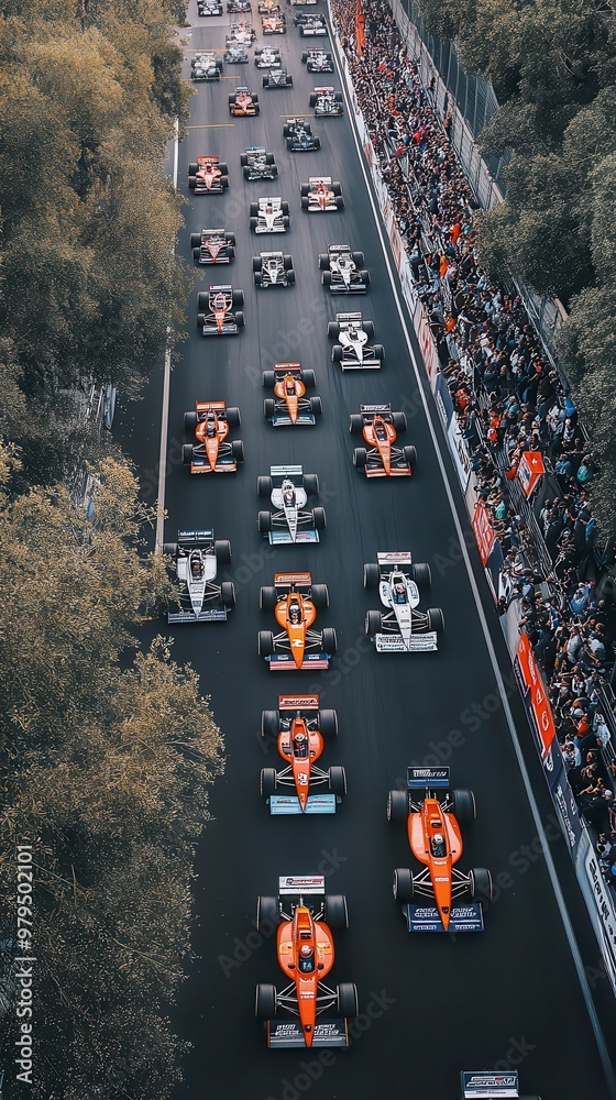 Formula one cars racing on a track surrounded by fans Formula one cars racing on a track surrounded by fans