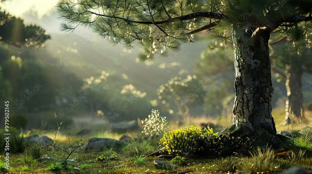 A majestic pine tree stands tall in a lush forest, bathed in the golden light of sunrise. A majestic pine tree stands tall in a lush forest, bathed in the golden light of sunrise.