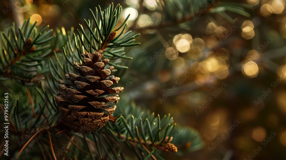 Closeup of a pine cone on a branch with a blurry background of light and leaves. Closeup of a pine cone on a branch with a blurry background of light and leaves.