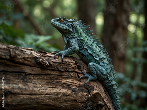 Basilisk ready to attack on an old wooden branch.