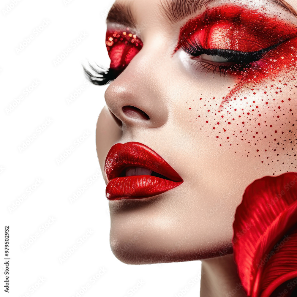 Beauty portrait of a model with artistic red makeup and red lips posing on a white background Beauty portrait of a model with artistic red makeup and red lips posing on a white background