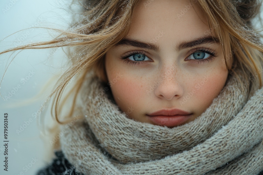 Winter Elegance - Young Girl in Stylish Coat and Scarf, Wind-Blown Hair, Sony A7R IV Photography