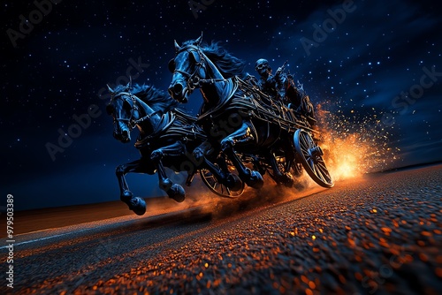 A black carriage led by skeletal horses, racing down a deserted road under the cover of darkness photo