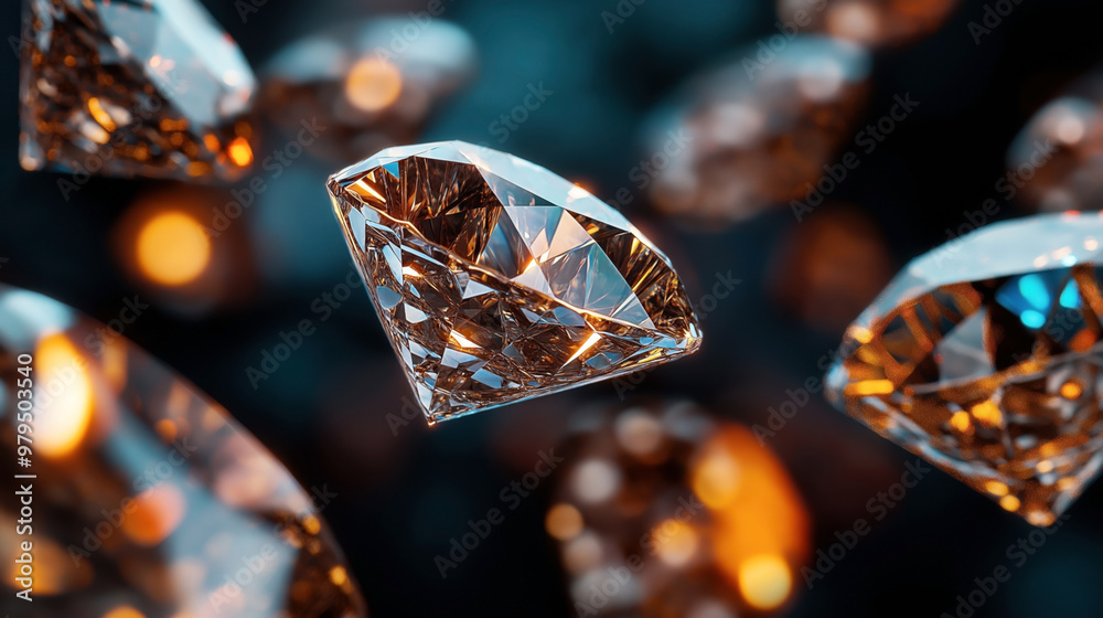 Close-up image of multiple sparkling diamonds with a bokeh effect background, highlighting their facets and clarity in a visually appealing manner. Close-up image of multiple sparkling diamonds with a bokeh effect background, highlighting their facets and clarity in a visually appealing manner.