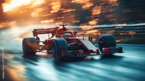 Formula one car speeding on wet track at sunset
