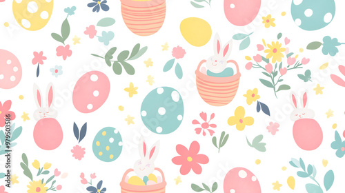 Easter 2D Vector Pattern elements Easter theme featuring repeating elements like Easter eggs bunnies flowers and baskets