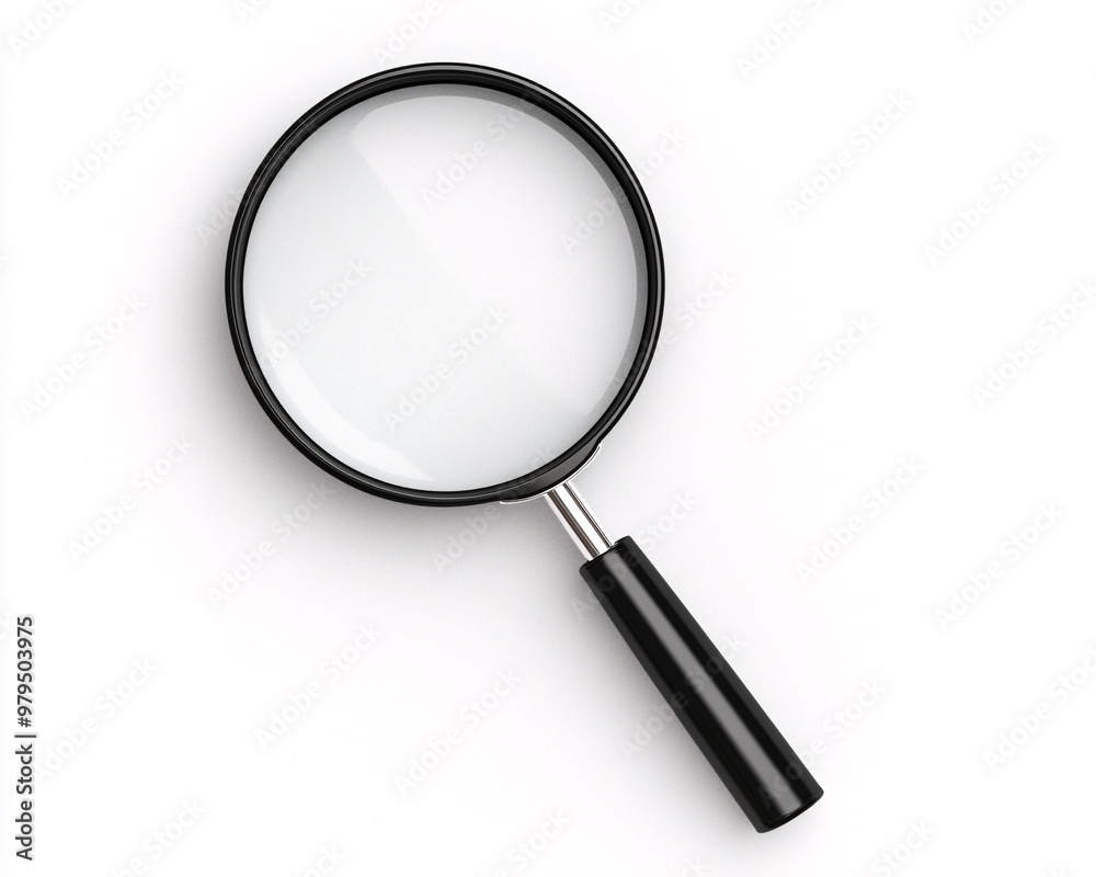 A close-up view of a black magnifying glass on a white background A close-up view of a black magnifying glass on a white background