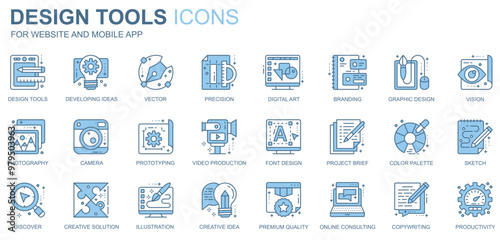 Design tools web icons set in duotone line design. Pack of idea, precision, digital art, branding, vision, photography, camera, prototyping, video, other outline stroke pictograms. Vector illustration