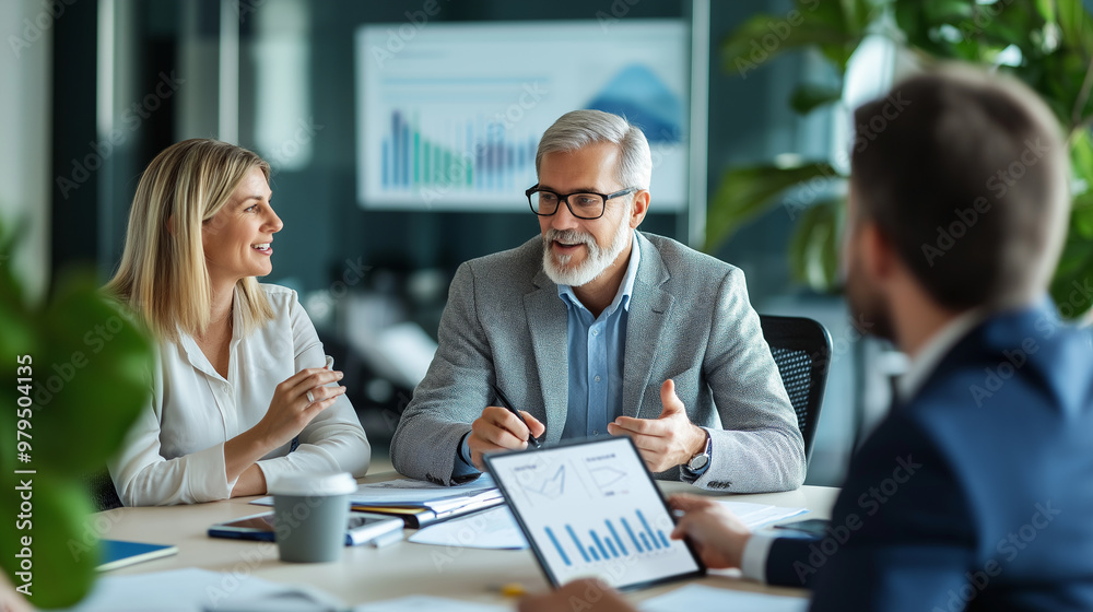 Group of smiling senior business people sitting at table in modern office lobby discussing work and using laptops business concept, goals, success