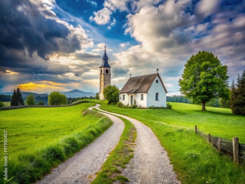 Rustic gravel path leading to quaint white village church amidst lush green meadow on gentle cloudy white sky evoking idyllic peace