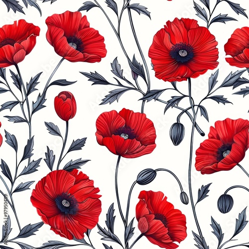 watercolor poppies pattern with a red flower background. ai generated