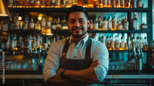 charismatic Bartender, man and happy in portrait at counter with service for drinks, cocktails and liquor in restaurant. Person, barman and small business owner ready and waiter for alcohol at pub