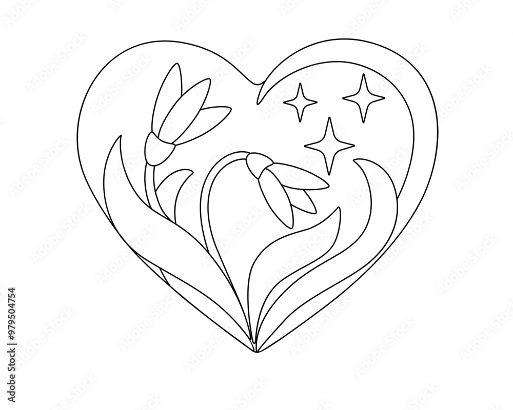 Heart with flowers of snowdrops and asterisks on, valentine`s or spring card, template with primroses - vector linear picture for coloring. Outline. Hand drawing Heart with flowers of snowdrops and asterisks on, valentine`s or spring card, template with primroses - vector linear picture for coloring. Outline. Hand drawing