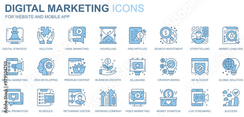 Digital marketing web icons set in duotone line design. Pack of strategy, solution, hourglass, paid article, search investment, storytelling, idea, other outline stroke pictograms. Vector illustration