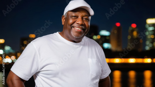 Plus size senior black man wearing white t-shirt and white baseball cap standing on cityscape at night background