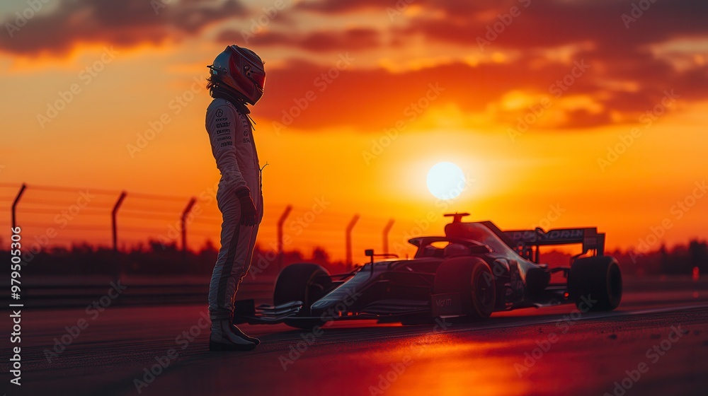 Fototapeta premium Formula 1 driver admiring sunset on racetrack after race