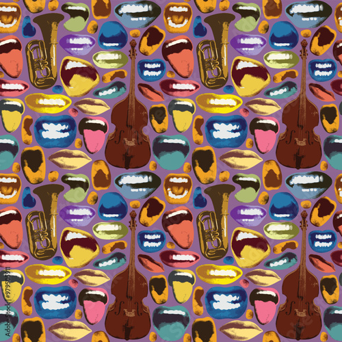 Seamless pattern with colored lips that smile and show tongue and white teeth and double bass with trumpet. Bright vector background with laughing, surprised, excited, angry, singing