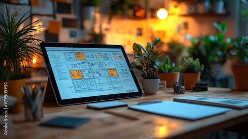 Close-up of a tablet showing a website prototype with drag-and-drop features, interactive design tools, user experience testing photo