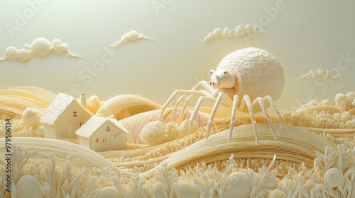 Adorable spider and piggy crafted from intricate paper, set on layered fields and farmhouses made of paper art, telling a whimsical children's story. photo