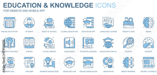 Education and knowledge web icons set in duotone line design. Pack of online, student, back to school, language course, group class, brain, book, other outline stroke pictograms. Vector illustration