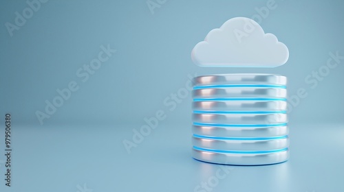 Modern cloud database concept with metallic storage and cloud symbol, representing data management and online storage solutions.