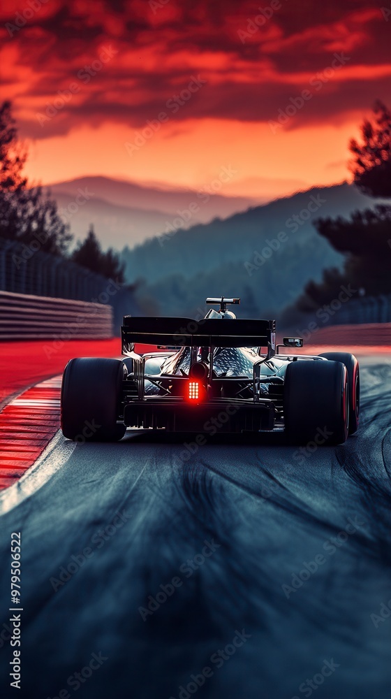 Fototapeta premium Formula one car leaving trail of tire marks on asphalt at sunset