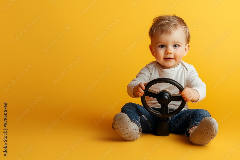An adorable little baby sitting in a denim outfit, holding a steering wheel, and smiling with pure joy against a yellow studio background. A concept of childhood, parenthood, care, and education. An adorable little baby sitting in a denim outfit, holding a steering wheel, and smiling with pure joy against a yellow studio background. A concept of childhood, parenthood, care, and education.