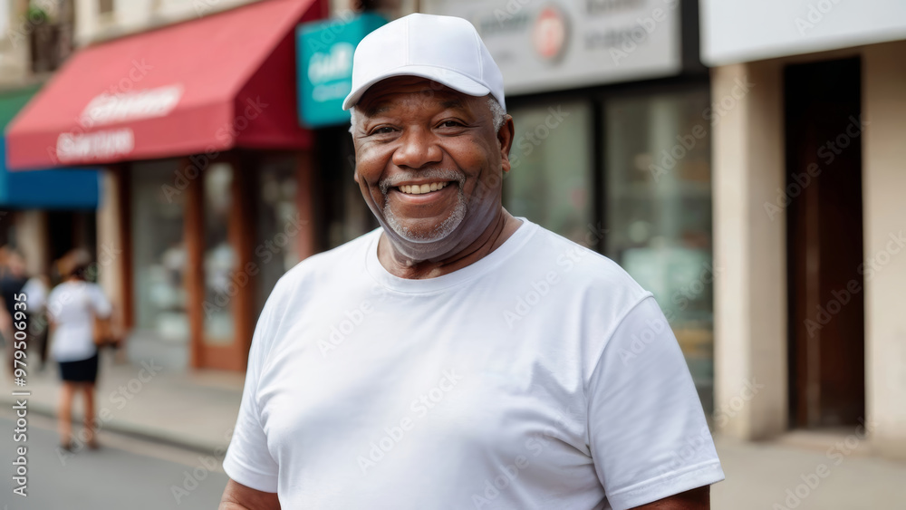 Plus size senior black man wearing white t-shirt and white baseball cap standing on the street Plus size senior black man wearing white t-shirt and white baseball cap standing on the street