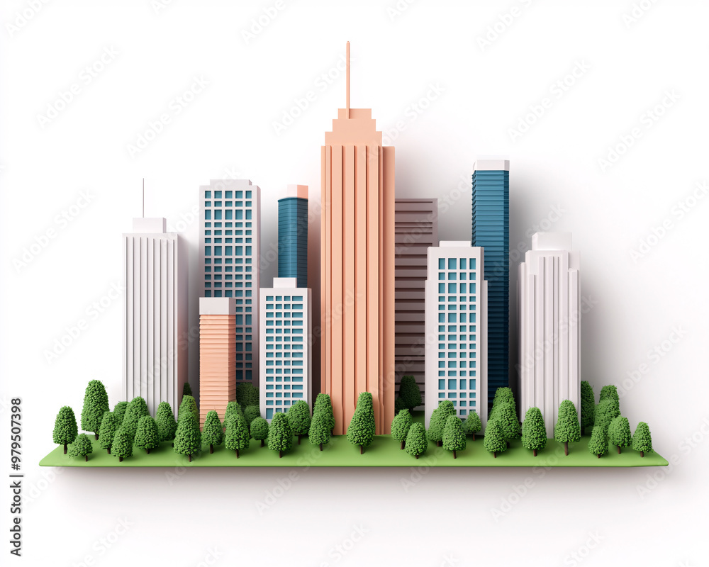 Fototapeta premium A vibrant city skyline featuring diverse buildings surrounded by greenery, representing modern urban development and architecture.
