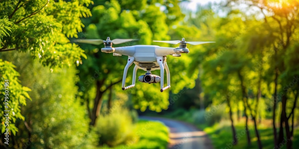 A small unmanned aerial vehicle drone copter equipped with a digital camera flies near lush green trees on a sunny daytime outdoors scene. A small unmanned aerial vehicle drone copter equipped with a digital camera flies near lush green trees on a sunny daytime outdoors scene.
