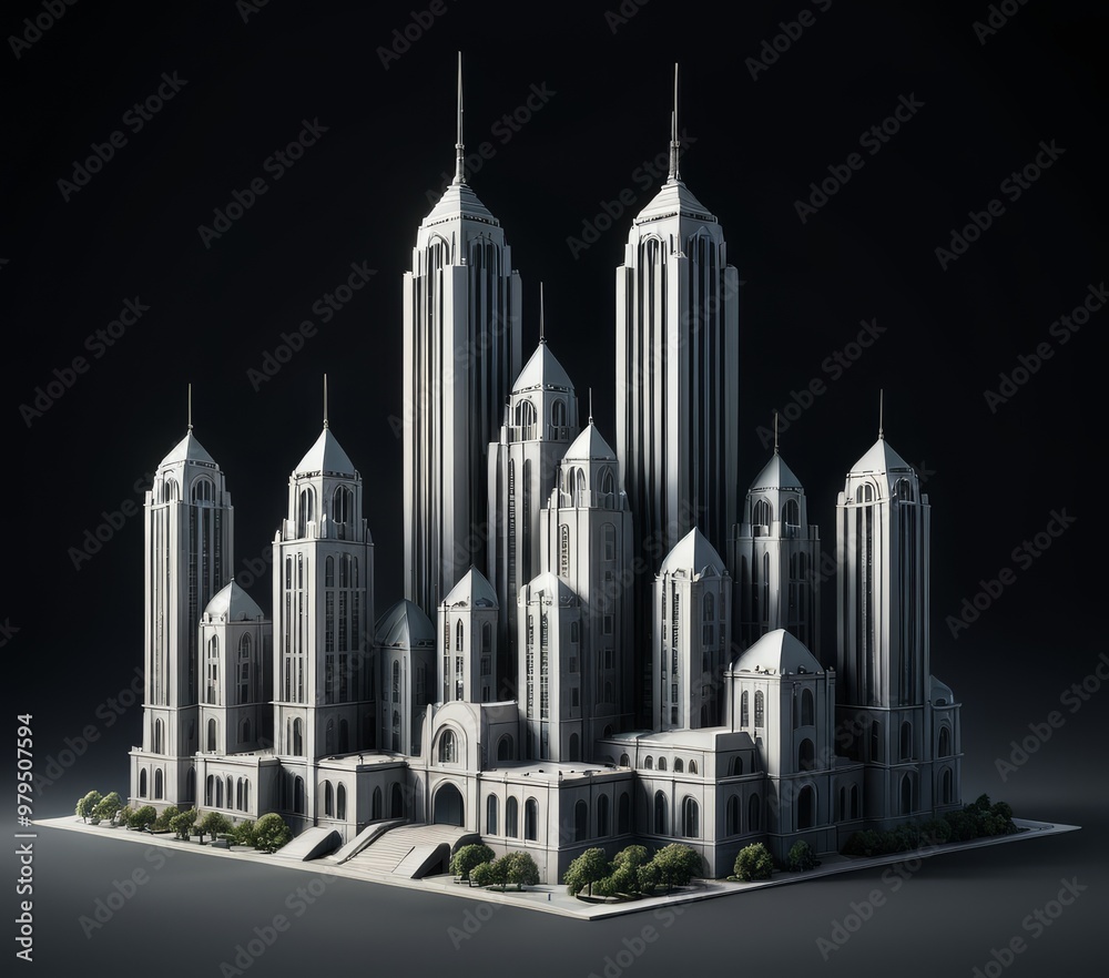 Detailed miniature model showcasing a futuristic cityscape with tall, sleek towers. The black and white design highlights the intricate architecture and urban planning of a modern metropolis, perfect Detailed miniature model showcasing a futuristic cityscape with tall, sleek towers. The black and white design highlights the intricate architecture and urban planning of a modern metropolis, perfect