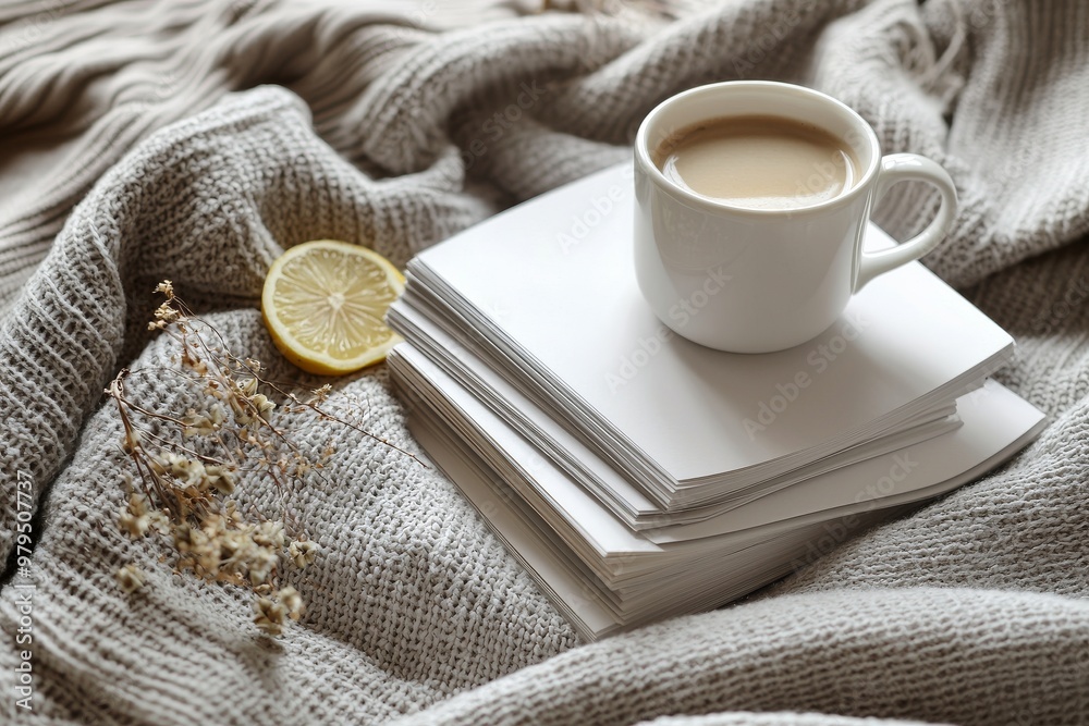 White blank books with gray plaid, lemon tea and dry flowers, mockup White blank books with gray plaid, lemon tea and dry flowers, mockup