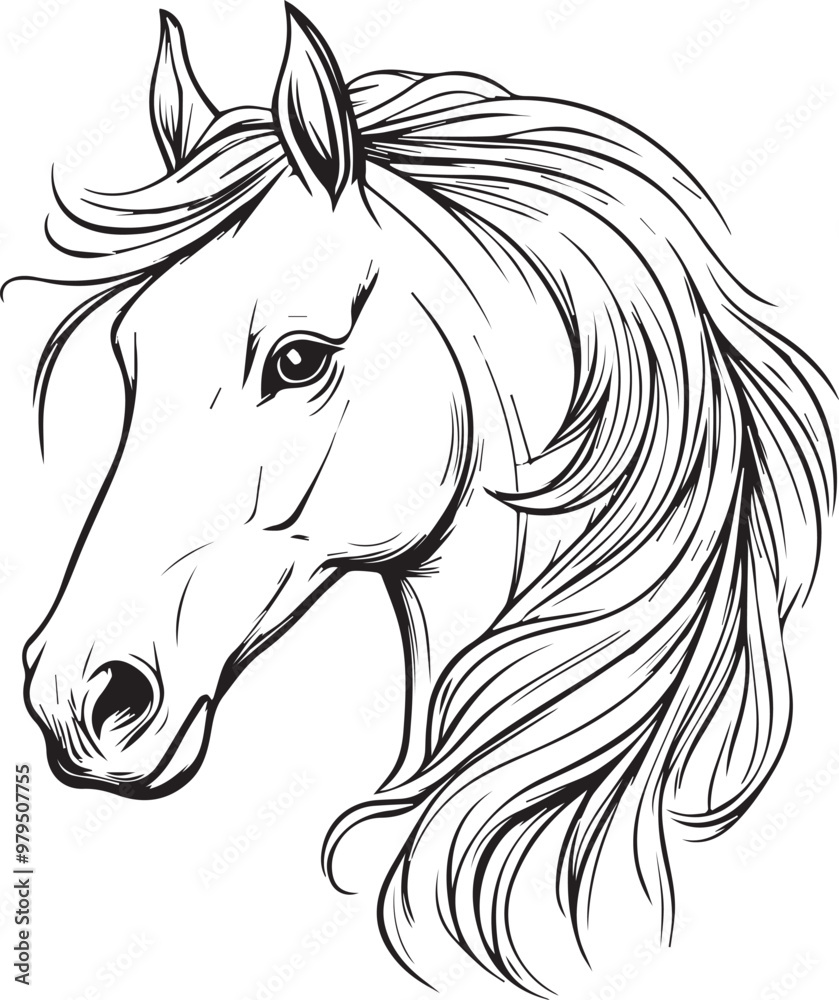 Black and white vector illustration of a horse head looking down with ...