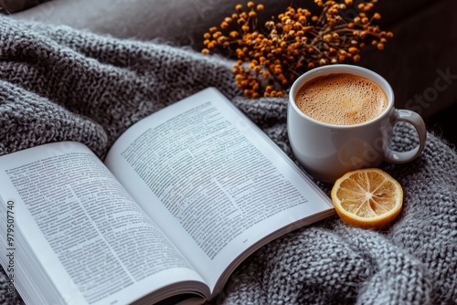 This mockup design features white blank books with gray plaid, a cup of lemon tea and dry flowers