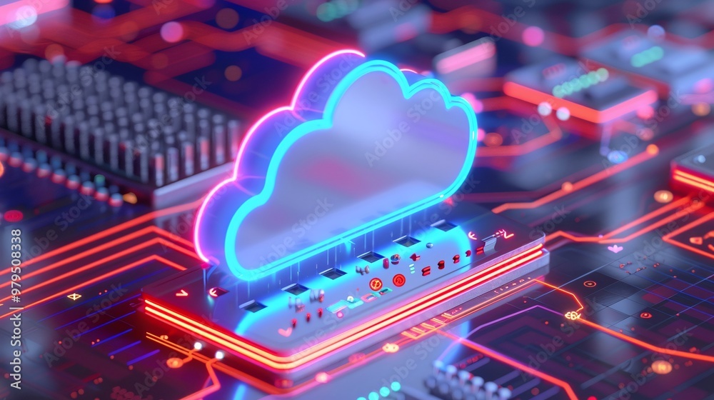 Modern digital cloud computing concept with neon colors on a circuit board, symbolizing data storage and technology.