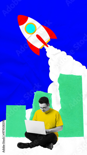 Contemporary art collage. Rocket launches into sky while man works below, illustrating how focus and hard work on ground can send ideas soaring to new heights. Concept of business project, product photo