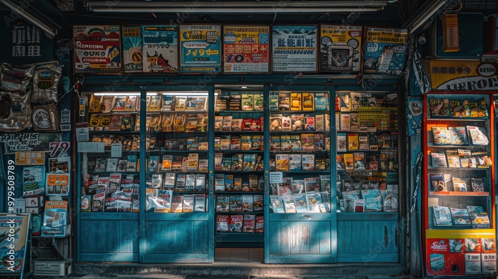 A vibrant street-side magazine and comic book store adorned with colorful signage and bustling with an array of print media perfectly capturing the essence of urban life A vibrant street-side magazine and comic book store adorned with colorful signage and bustling with an array of print media perfectly capturing the essence of urban life