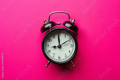 A solitary black alarm clock rests on a vibrant pink background, its dark silhouette and bold numbers creating a striking contrast of colors and textures.